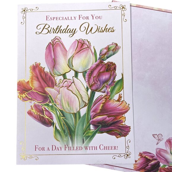 Tulips Birthday Wishes Card Gold Foil Outline Envelope Included A7 u Greeting Ca - Picture 2 of 4